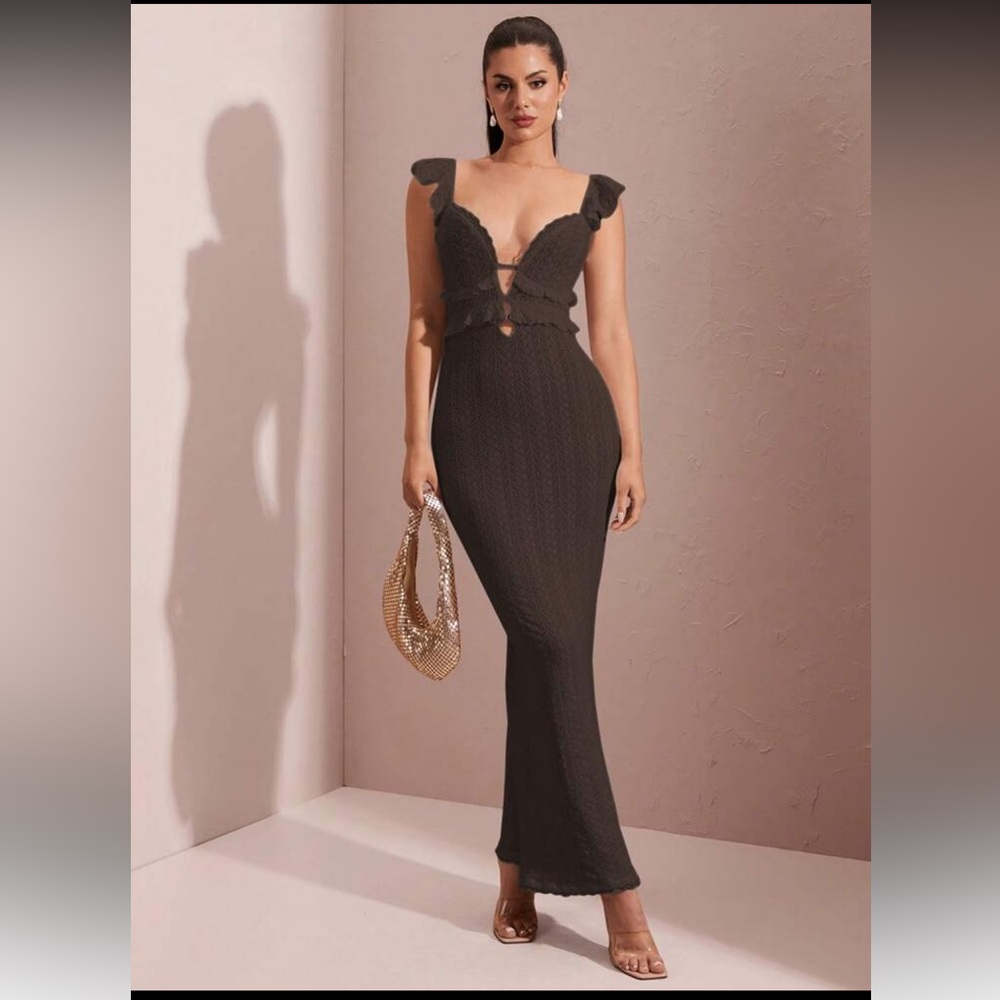 SHEIN Brown Backless Maxi Lace Dress